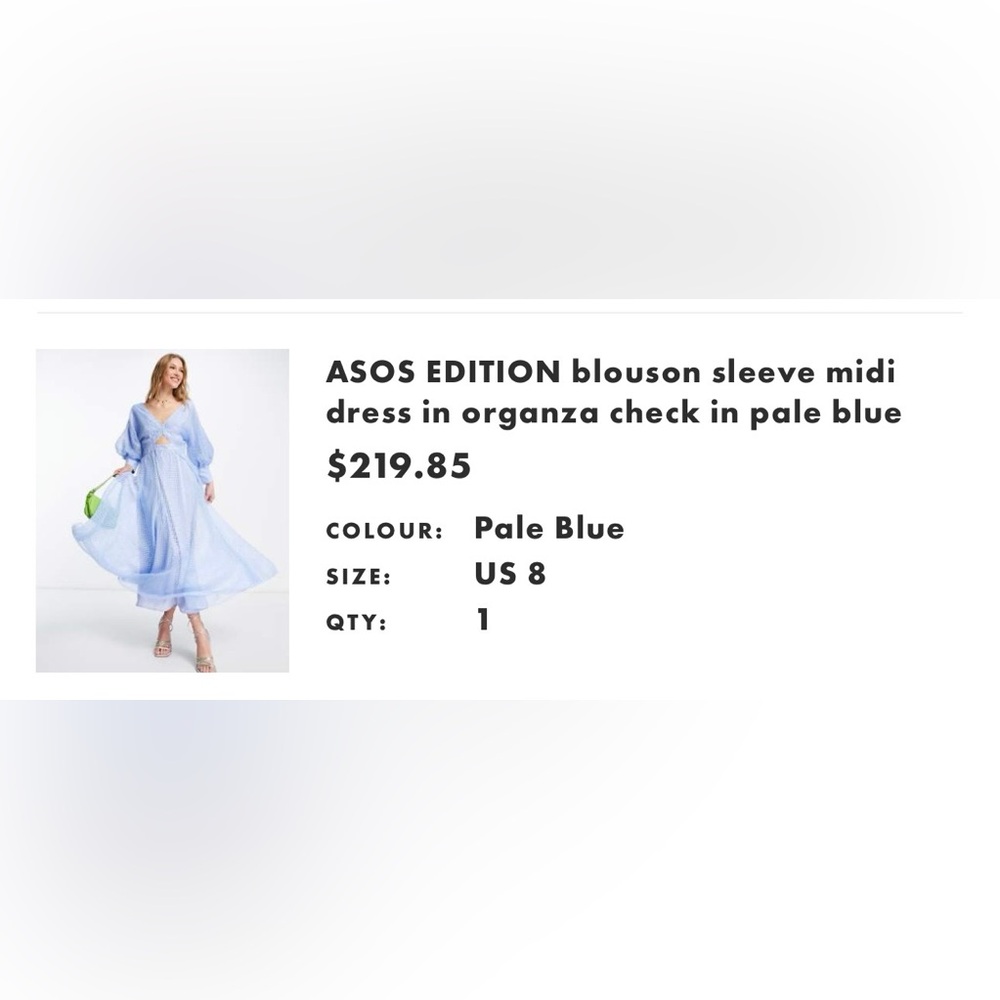 ASOS EDITION blouson sleeve midi dress in organza check in pale blue - Picture 8 of 8